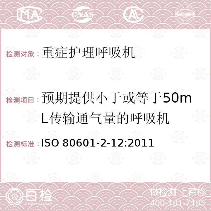 预期提供小于或等于50mL传输通气量的呼吸机 ISO 80601-2-12:2011  