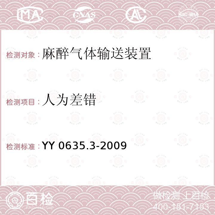 人为差错 YY 0635.3-2009 吸入式麻醉系统 第3部分:麻醉气体输送装置