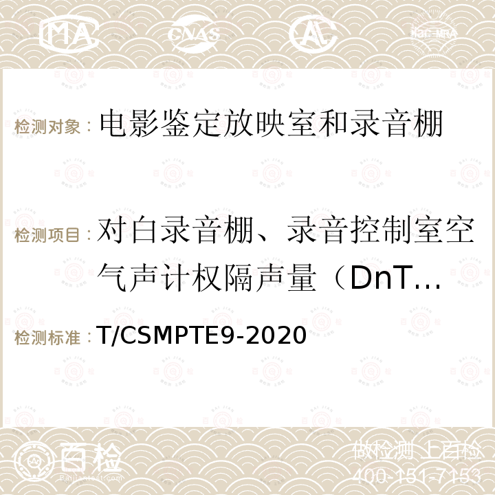 对白录音棚、录音控制室空气声计权隔声量（DnT,w） 对白录音棚、录音控制室空气声计权隔声量（DnT,w） T/CSMPTE9-2020
