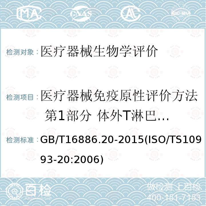 医疗器械免疫原性评价方法 第1部分 体外T淋巴细胞转化试验 GB/T 16886.20-2015 医疗器械生物学评价 第20部分:医疗器械免疫毒理学试验原则和方法