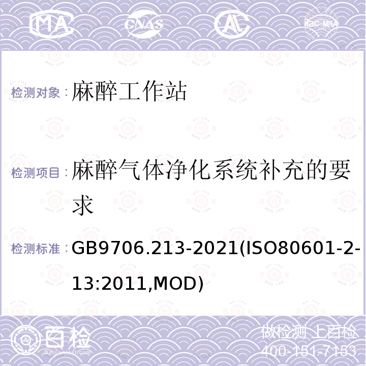 麻醉气体净化系统补充的要求 GB 9706.213-2021 医用电气设备  第2-13部分：麻醉工作站的基本安全和基本性能专用要求