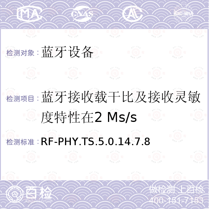 蓝牙接收载干比及接收灵敏度特性在2 Ms/s RF-PHY.TS.5.0.14.7.8  