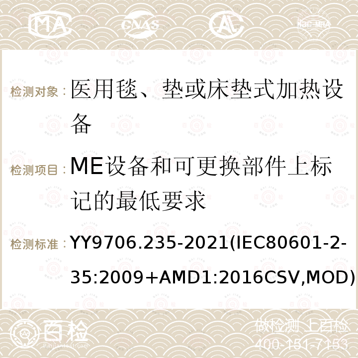 ME设备和可更换部件上标记的最低要求 IEC 80601-2-35-2009 医用电气设备 第2-35部分:用毯子、衬垫或床垫的加热装置和打算供医用加热的基本安全和基本性能的专用要求