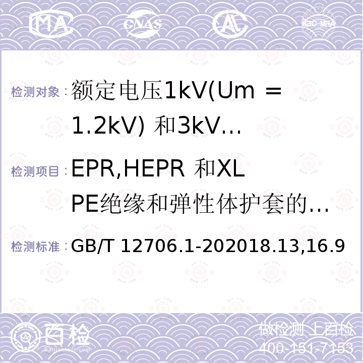 EPR,HEPR 和XLPE绝缘和弹性体护套的热延伸试验 GB/T 12706.1-202018  .13,16.9