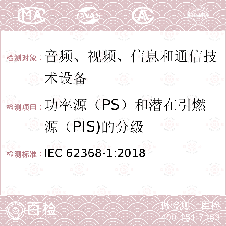 功率源（PS）和潜在引燃源（PIS)的分级 功率源（PS）和潜在引燃源（PIS)的分级 IEC 62368-1:2018