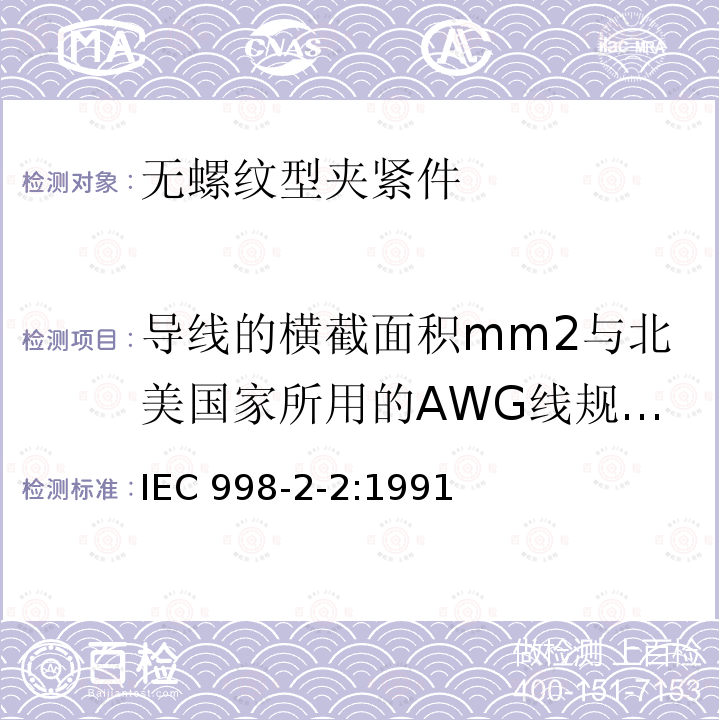 导线的横截面积mm2与北美国家所用的AWG线规之间的大致关系 IEC 998-2-2:1991  