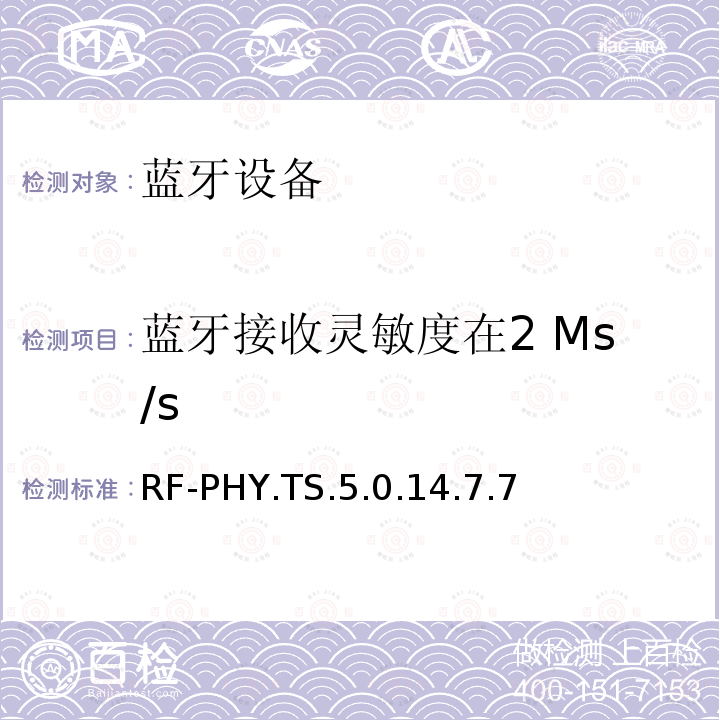 蓝牙接收灵敏度在2 Ms/s RF-PHY.TS.5.0.14.7.7  