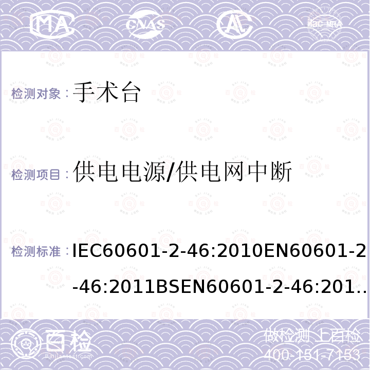 供电电源/供电网中断 供电电源/供电网中断 IEC60601-2-46:2010EN60601-2-46:2011BSEN60601-2-46:2011201.11.8