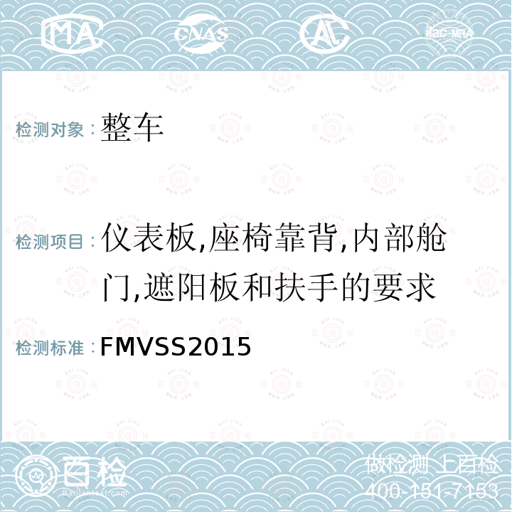 仪表板,座椅靠背,内部舱门,遮阳板和扶手的要求 FMVSS 2015  FMVSS2015