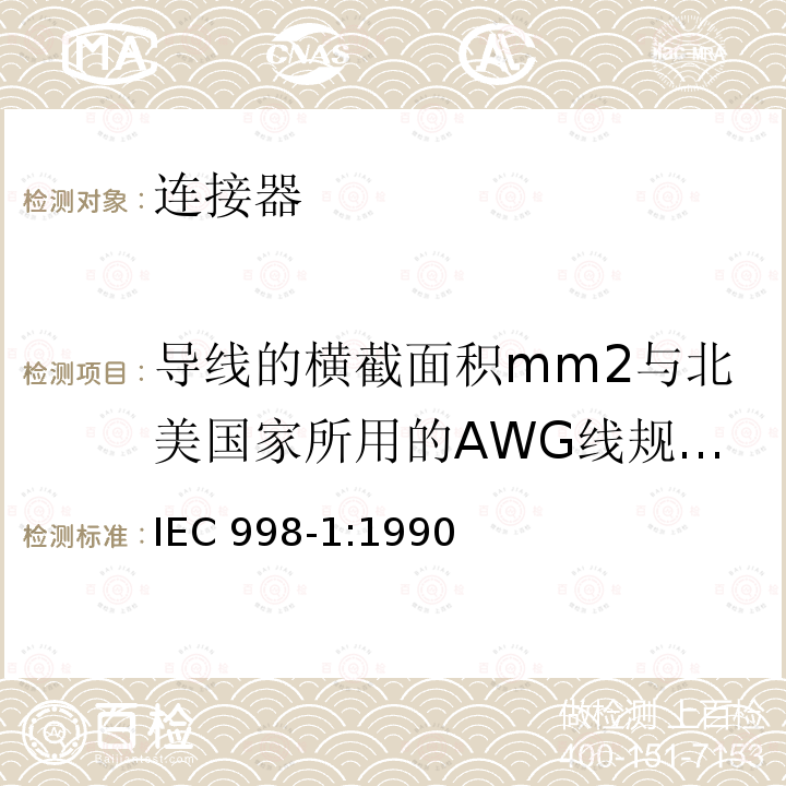 导线的横截面积mm2与北美国家所用的AWG线规之间的大致关系 IEC 998-1:1990  