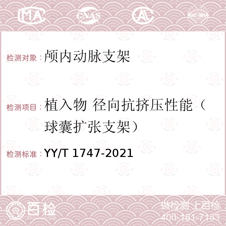 植入物 径向抗挤压性能（球囊扩张支架） YY/T 1747-2021 神经血管植入物 颅内动脉支架