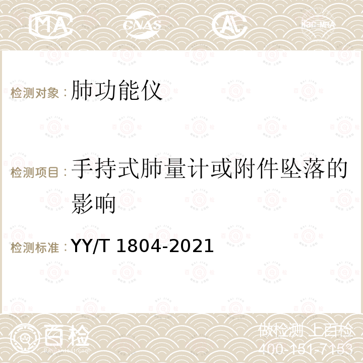 手持式肺量计或附件坠落的影响 YY/T 1804-2021 麻醉和呼吸设备 用于测量人体时间用力呼气量的肺量计