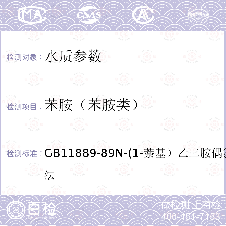 苯胺（苯胺类） GB 11889-89  GB11889-89N-(1-萘基）乙二胺偶氮分光光度法