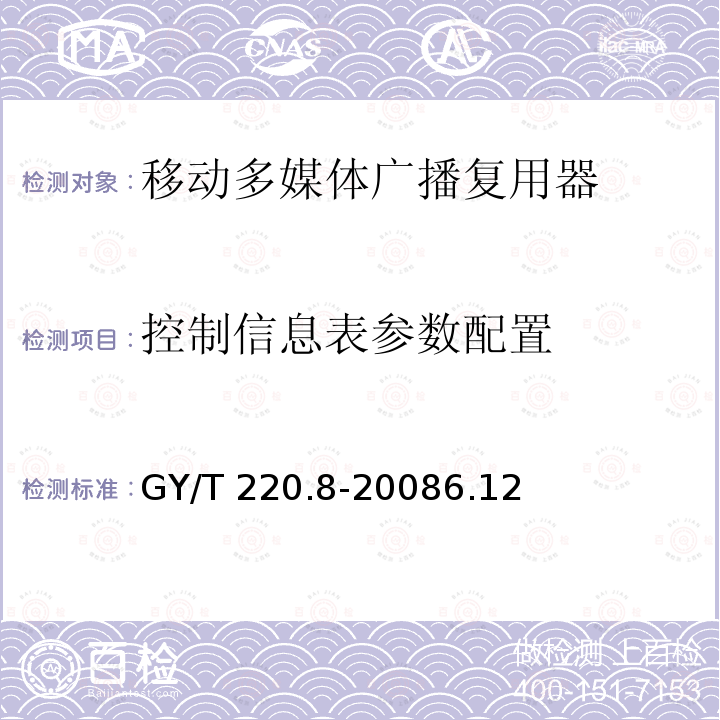 控制信息表参数配置 GY/T 220.8-2008 移动多媒体广播 第8部分:复用器技术要求和测量方法