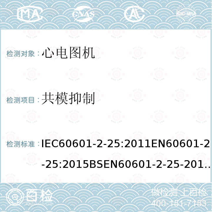 共模抑制 共模抑制 IEC60601-2-25:2011EN60601-2-25:2015BSEN60601-2-25-2015GB9706.225-2021201.12.4.105.1