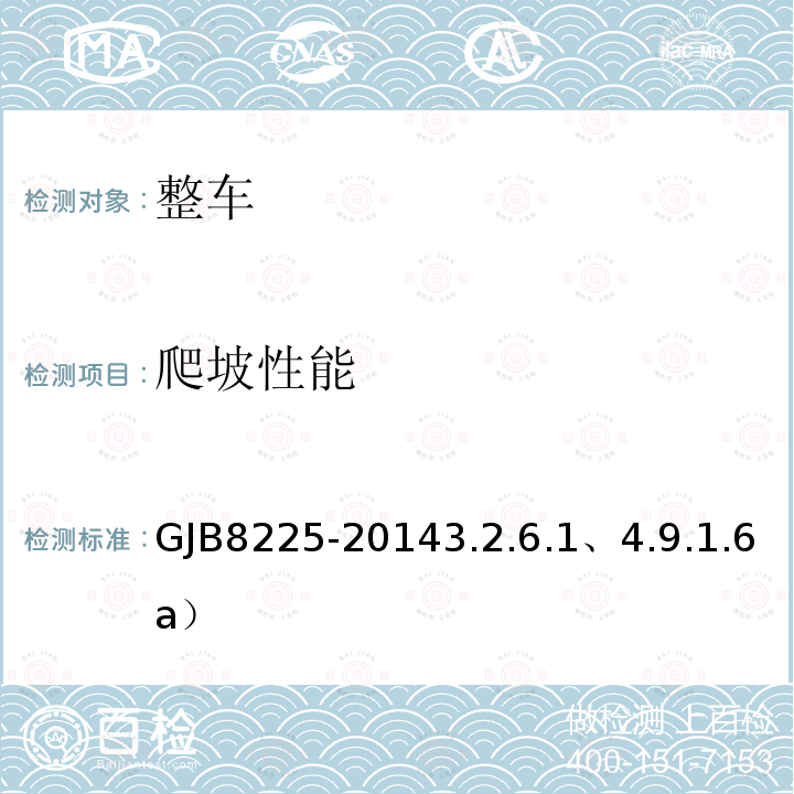爬坡性能 GJB 8225-20143.2  GJB8225-20143.2.6.1、4.9.1.6a）