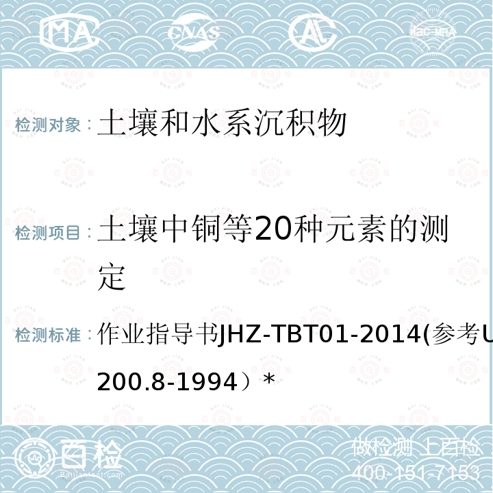 土壤中铜等20种元素的测定 土壤中铜等20种元素的测定 作业指导书JHZ-TBT01-2014(参考USEPA200.8-1994）*