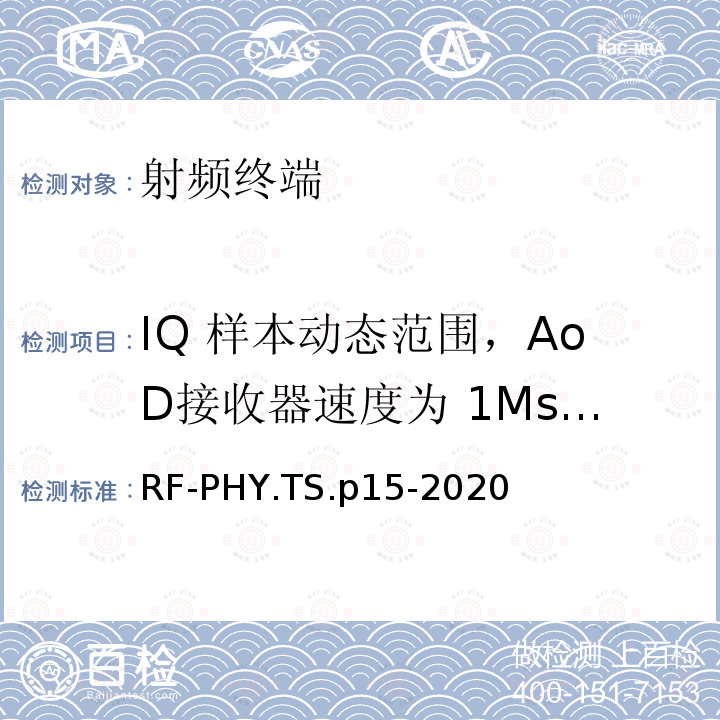 IQ 样本动态范围，AoD接收器速度为 1Ms/s，时隙为2μs IQ 样本动态范围，AoD接收器速度为 1Ms/s，时隙为2μs RF-PHY.TS.p15-2020