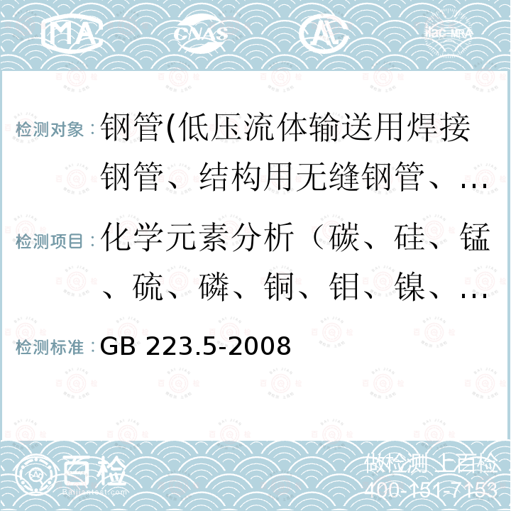 化学元素分析（碳、硅、锰、硫、磷、铜、钼、镍、钒、铬） GB/T 223.5-2008 钢铁及合金 酸溶硅和全硅含量的测定 还原型硅钼酸盐分光光度法