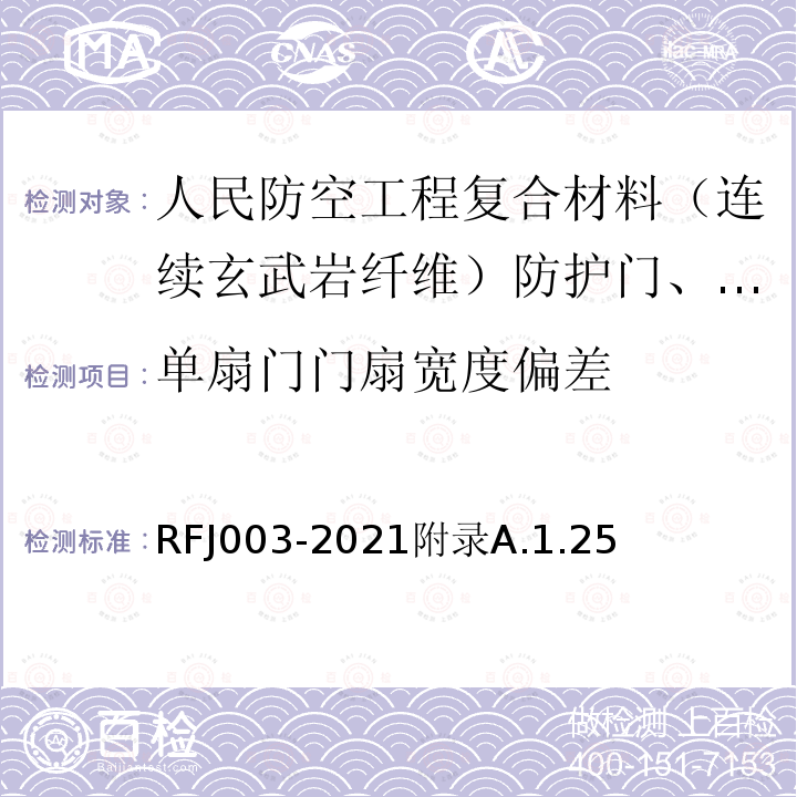 单扇门门扇宽度偏差 RFJ 003-2021  RFJ003-2021附录A.1.25