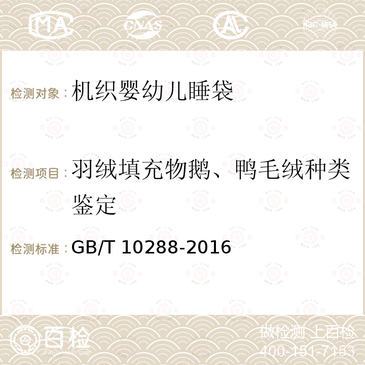 羽绒填充物鹅、鸭毛绒种类鉴定 GB/T 10288-2016 羽绒羽毛检验方法(附2020年第1号修改单)