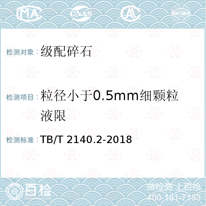 粒径小于0.5mm细颗粒液限 TB/T 2140.2-2018 铁路碎石道砟 第2部分：试验方法