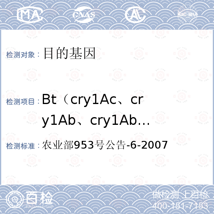Bt（cry1Ac、cry1Ab、cry1Ab/cry1Ac）基因 Bt（cry1Ac、cry1Ab、cry1Ab/cry1Ac）基因 农业部953号公告-6-2007