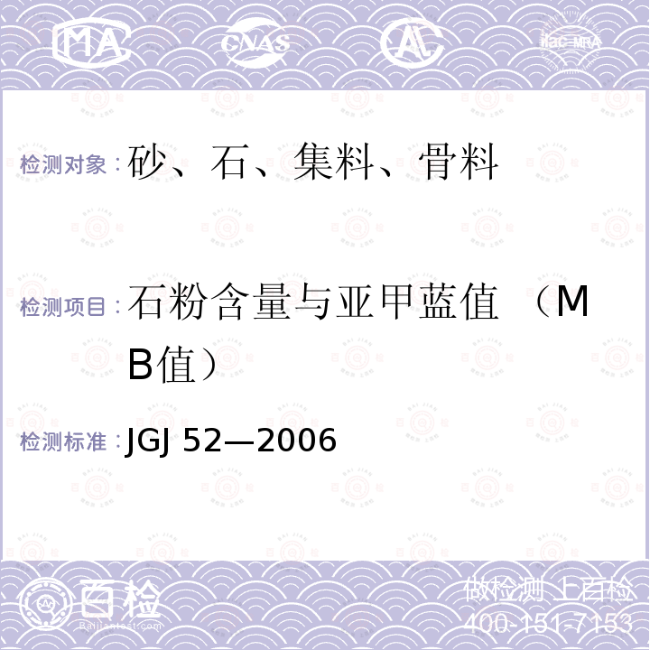 石粉含量与亚甲蓝值 （MB值） JGJ 52-2006 普通混凝土用砂、石质量及检验方法标准(附条文说明)