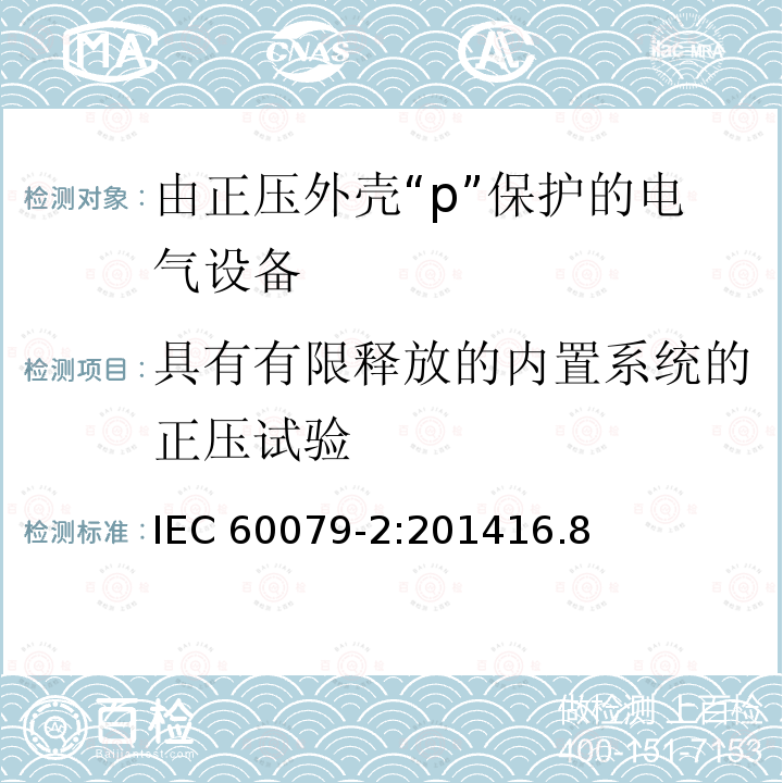 具有有限释放的内置系统的正压试验 具有有限释放的内置系统的正压试验 IEC 60079-2:201416.8