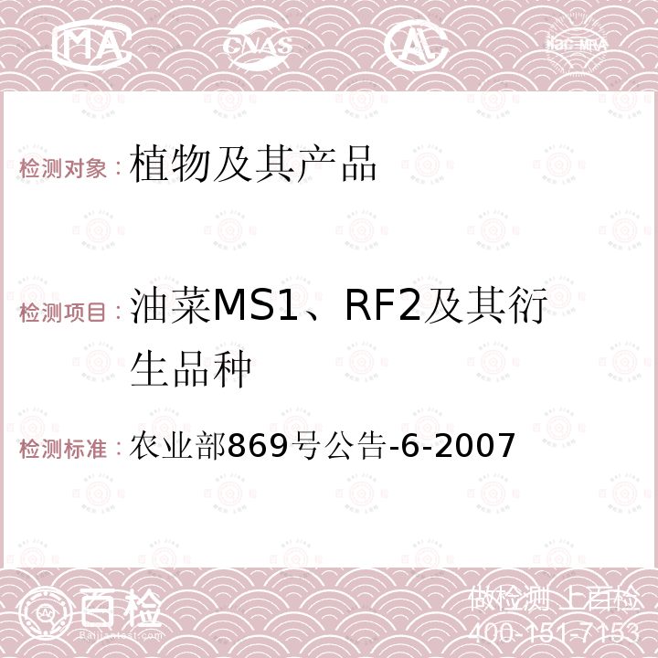 油菜MS1、RF2及其衍生品种 油菜MS1、RF2及其衍生品种 农业部869号公告-6-2007