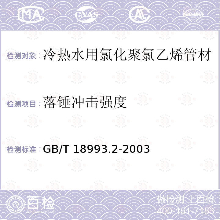 落锤冲击强度 GB/T 18993.2-2003 冷热水用氯化聚氯乙烯(PVC-C)管道系统 第2部分:管材