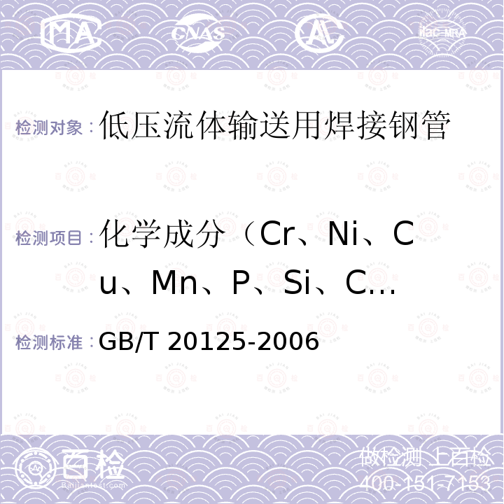 化学成分（Cr、Ni、Cu、Mn、P、Si、C、S、Al、As） 化学成分（Cr、Ni、Cu、Mn、P、Si、C、S、Al、As） GB/T 20125-2006