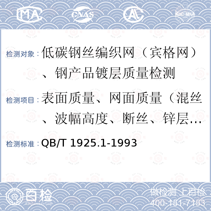 表面质量、网面质量（混丝、波幅高度、断丝、锌层外观） QB/T 1925.1-1993 一般用途镀锌低碳钢丝编织网 方孔网(镀锌低碳钢丝布)