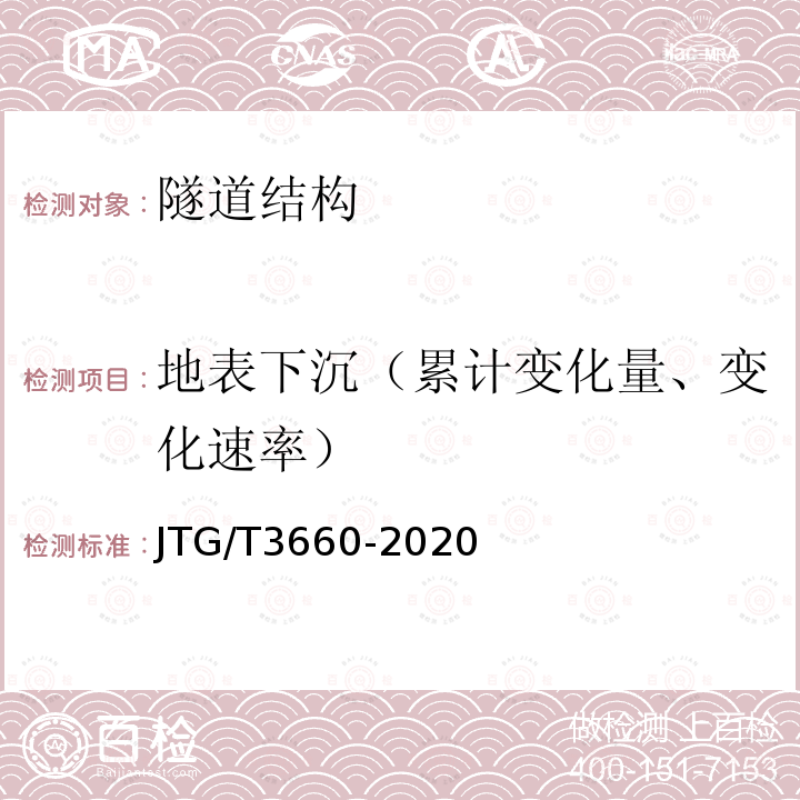 地表下沉（累计变化量、变化速率） JTG/T 3660-2020 公路隧道施工技术规范