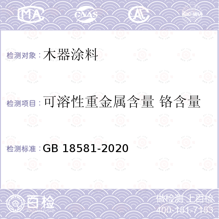 可溶性重金属含量 铬含量 GB 18581-2020 木器涂料中有害物质限量