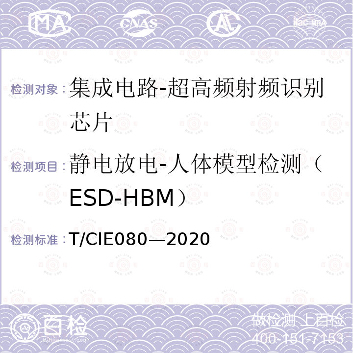 静电放电-人体模型检测（ESD-HBM） 静电放电-人体模型检测（ESD-HBM） T/CIE080—2020