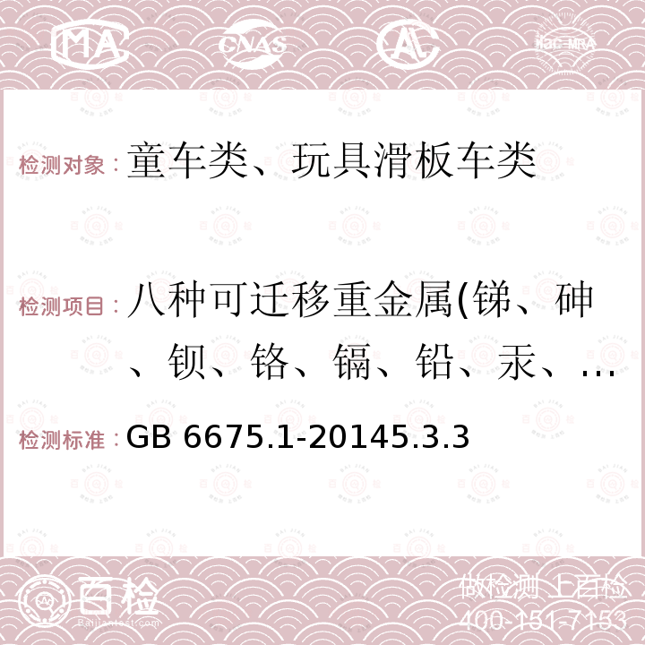 八种可迁移重金属(锑、砷、钡、铬、镉、铅、汞、硒) GB 6675.1-2014 玩具安全 第1部分:基本规范