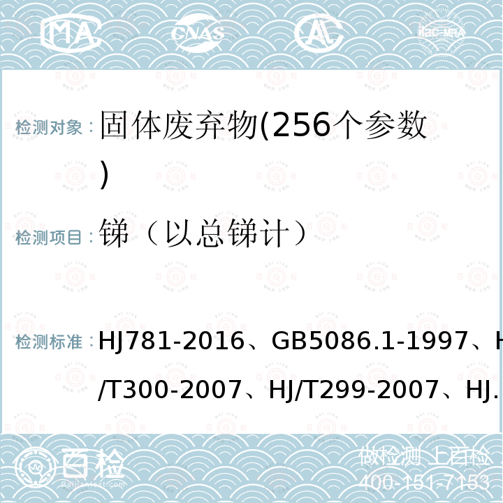 锑（以总锑计） HJ 781-2016 固体废物 22种金属元素的测定 电感耦合等离子体发射光谱法