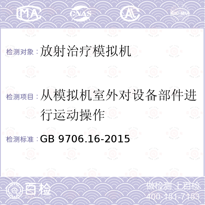 从模拟机室外对设备部件进行运动操作 GB 9706.16-2015 医用电气设备 第2部分:放射治疗模拟机安全专用要求