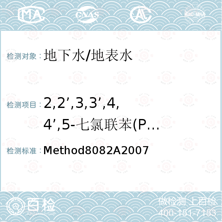 2,2’,3,3’,4,4’,5-七氯联苯(PCB170) Method8082A2007 2,2’,3,3’,4,4’,5-七氯联苯(PCB170) 