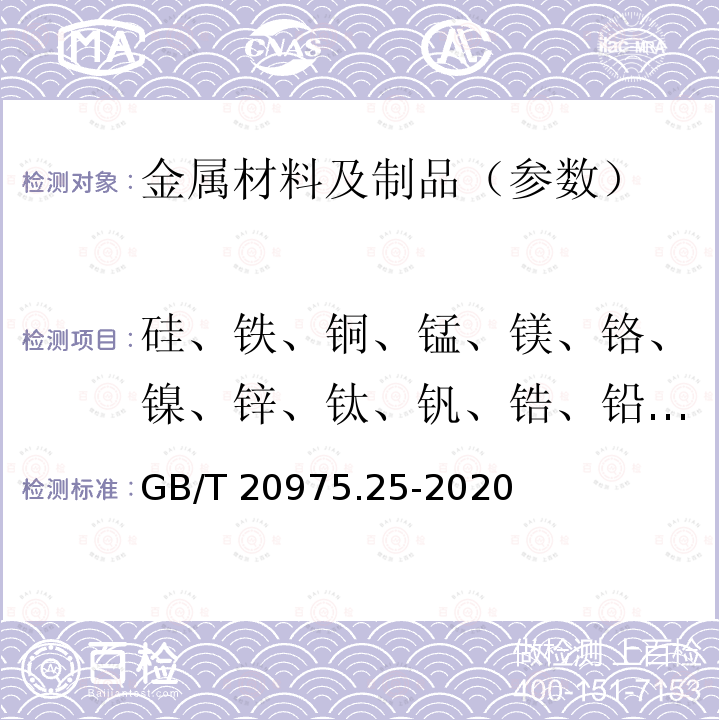 硅、铁、铜、锰、镁、铬、镍、锌、钛、钒、锆、铅、锡、锑、铋、锶、钙、磷、镉、砷 GB/T 20975.25-2020 铝及铝合金化学分析方法 第25部分：元素含量的测定 电感耦合等离子体原子发射光谱法