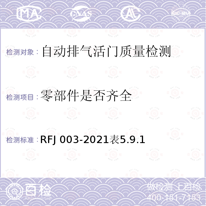 零部件是否齐全 RFJ 003-2021  表5.9.1