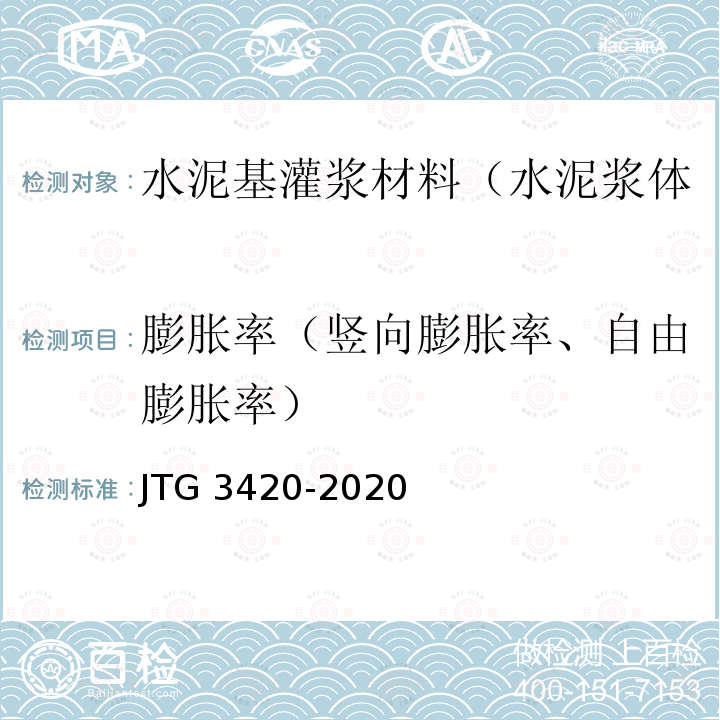 膨胀率（竖向膨胀率、自由膨胀率） 膨胀率（竖向膨胀率、自由膨胀率） JTG 3420-2020