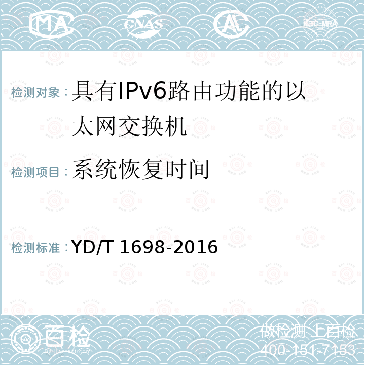 系统恢复时间 YD/T 1698-2016 IPv6网络设备技术要求 具有IPv6路由功能的以太网交换机