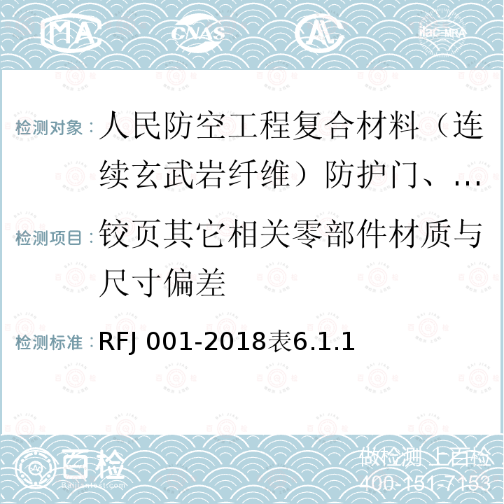 铰页其它相关零部件材质与尺寸偏差 RFJ 001-2018  表6.1.1