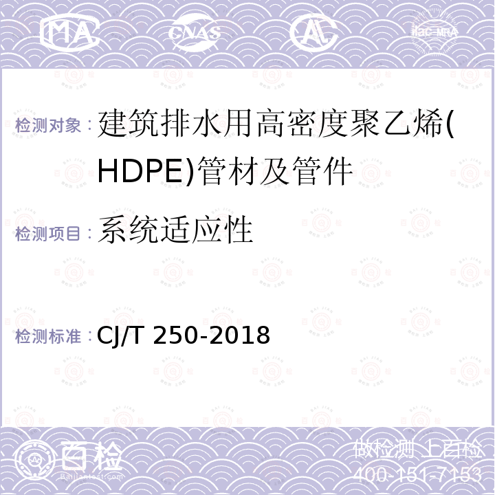 系统适应性 CJ/T 250-2018 建筑排水用高密度聚乙烯（HDPE）管材及管件