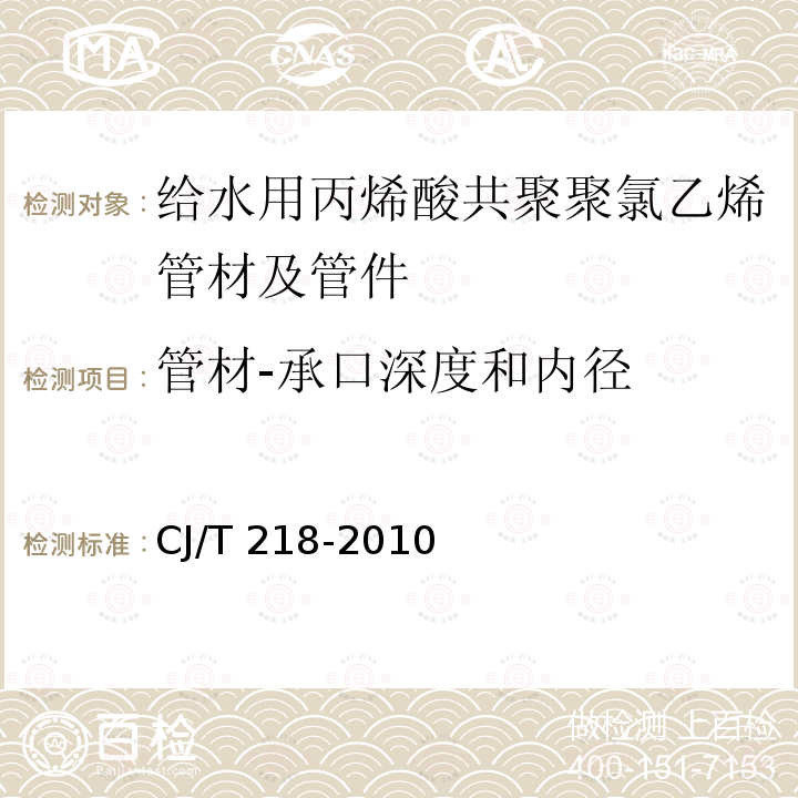 管材-承口深度和内径 CJ/T 218-2010 给水用丙烯酸共聚聚氯乙烯管材及管件