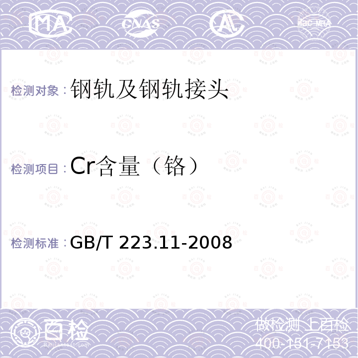 Cr含量（铬） GB/T 223.11-2008 钢铁及合金 铬含量的测定 可视滴定或电位滴定法