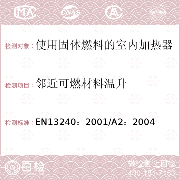 邻近可燃材料温升 EN 13240:2001  EN13240：2001/A2：2004