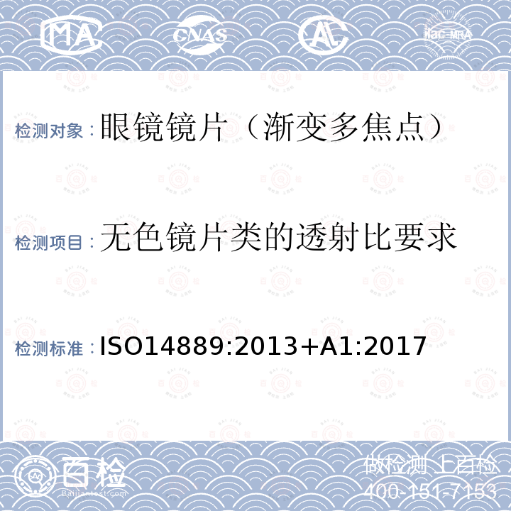 无色镜片类的透射比要求 无色镜片类的透射比要求 ISO14889:2013+A1:2017